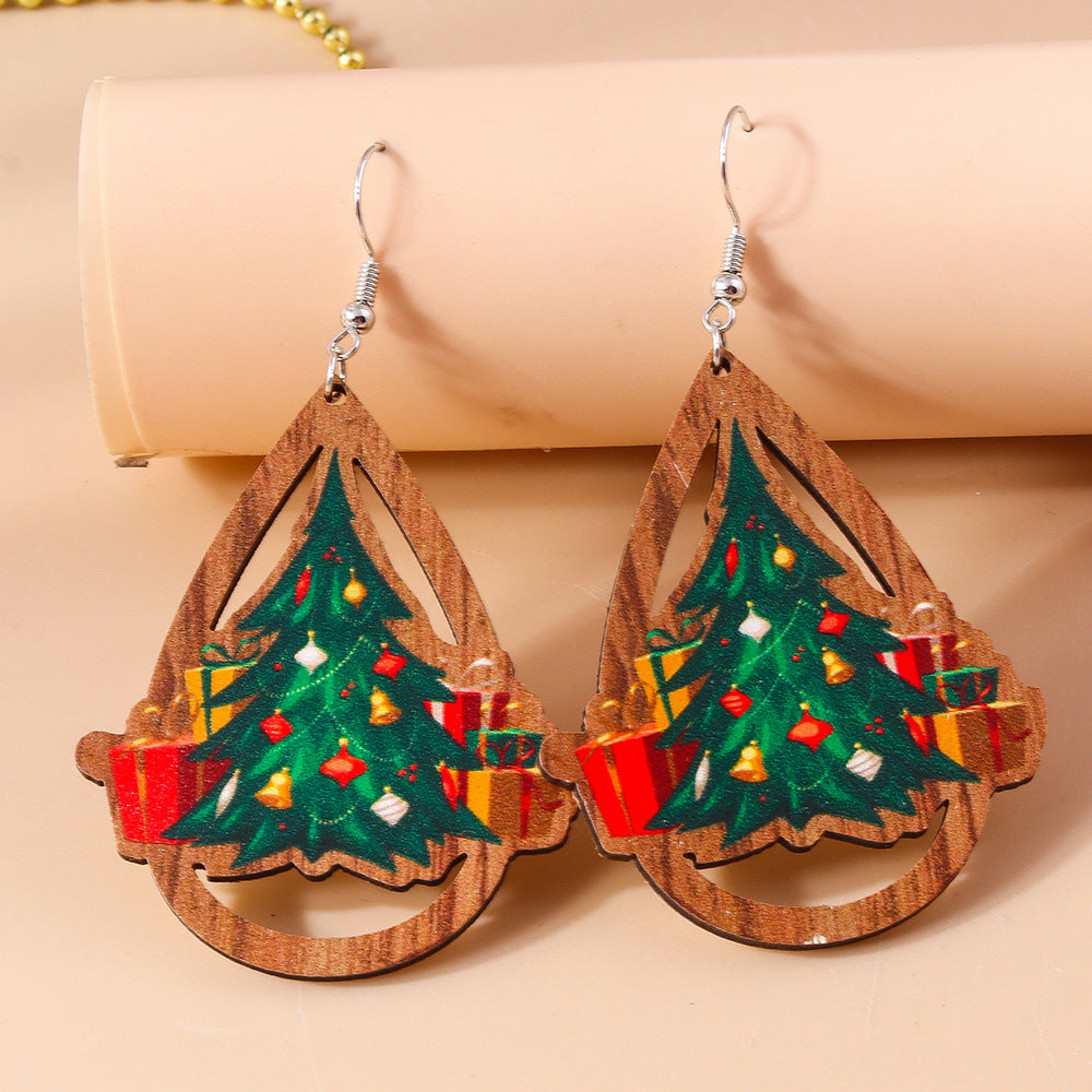 Wholesale Christmas Cartoon Santa Claus Drop Shape Wooden Earrings